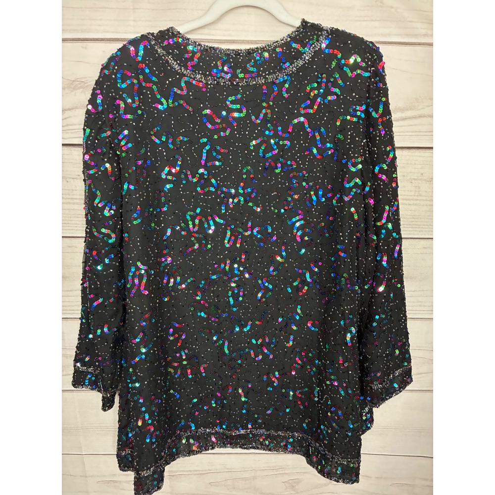Vintage Silk Beaded Sequin Jacket Rainbow Multi Color Open Front Evening Top 1X - Picture 2 of 10